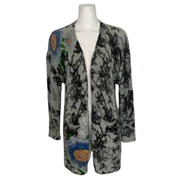 Desigual Oversize Open Tricot Jumper Cardigan Sweater XS Gray Floral Pockets - Picture 1 of 12